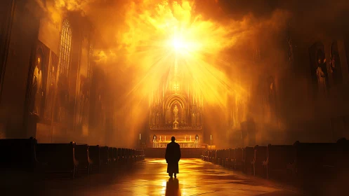 Radiant volumetric light floods cathedral nave around lone figure