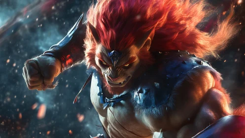 Muscular feline humanoid advances with clenched forward fist