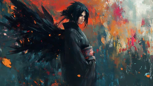 Dark-winged anime figure stands amid turbulent abstract brushwork