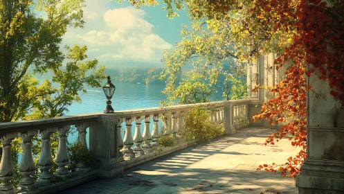 Lakeside terrace basks in soft autumn light and color.