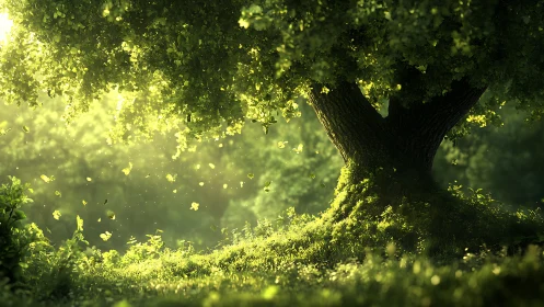 Sunlit forest tree anchors a luminous, leaf-filled clearing