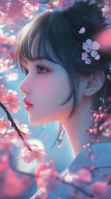 Profile portrait amid luminous pastel cherry blossoms.