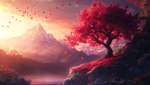 Sunlit pink tree on rocky slope before distant mountains.