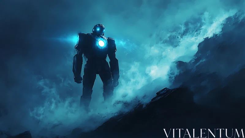 Giant armored mech emerges through blue storm fog on ridge