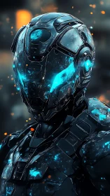 Futuristic armored cyborg with glowing blue highlights.