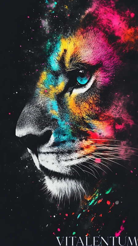 Neon cosmic lion profile glows against deep black void