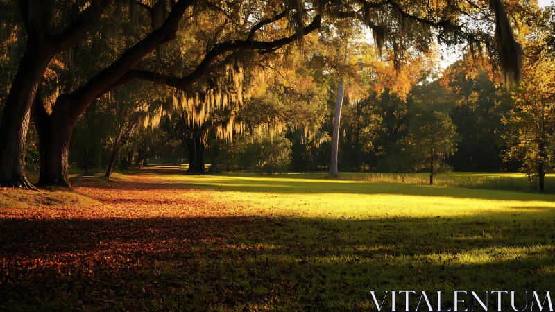 Golden park afternoon under graceful moss-draped oaks.
