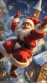 Santa figure is depicted midair above a snow-covered town