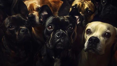Photorealistic canine portrait cluster in low key lighting.