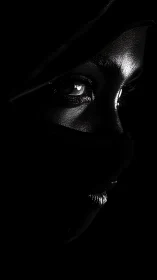 Glimmering eyes emerge from darkness in stark contrast.