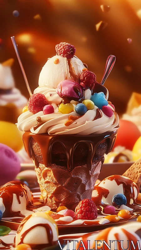Layered ice cream dessert in cone-shaped chocolate base.