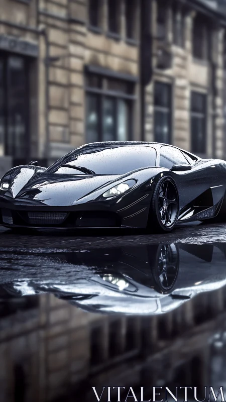 Carbon black hypercar on wet urban street with mirrored reflection