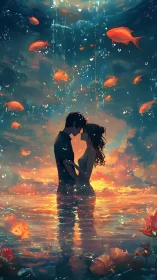 Underwater Embrace: Silhouetted Couple Among Luminescent Fish and Golden Light