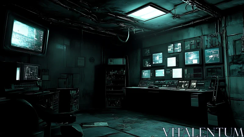 Abandoned control room glows with eerie cyan surveillance screens
