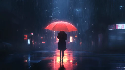 Solitary wanderer beneath a glowing red umbrella in rain.