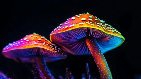 Luminous Rainbow Mushrooms Glowing In A Dreamy Night Forest.