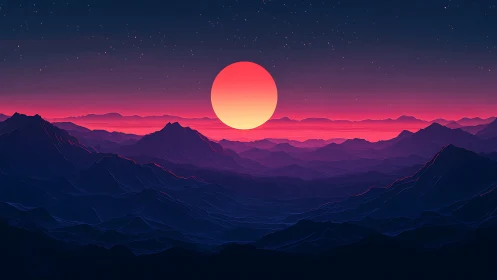 Sun dominates stylized neon mountains under starry sky