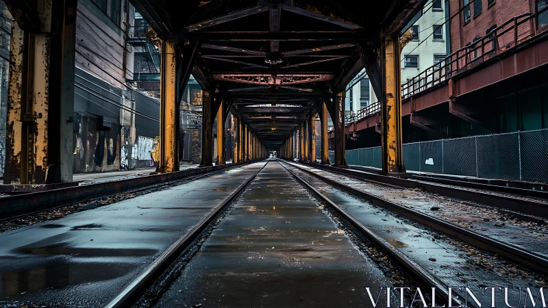 Rain-soaked urban rail tracks vanish into a moody distance