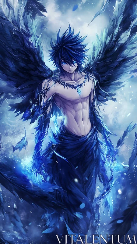 Azure-winged celestial combatant in dynamic energy suspension.