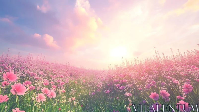 Extensive pink wildflower field under soft sunset light.