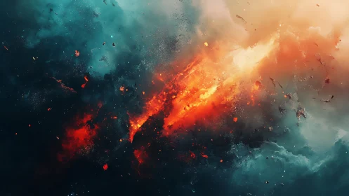 Multispectral particle system collision displaying pyrotechnic energy dispersal and chromatic strati