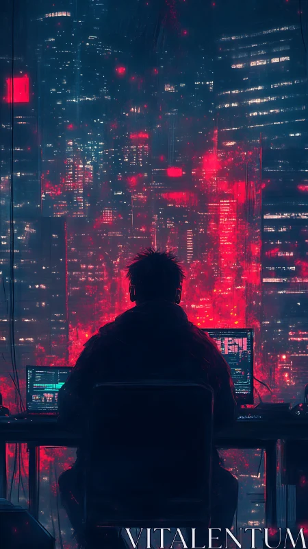 Midnight coder gazes over neon city lights in quiet focus