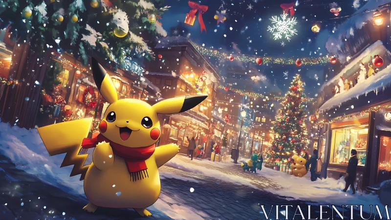 Pikachu celebrates snowy Christmas street under festive lights