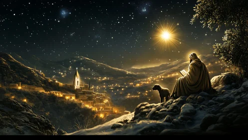 Shepherd watches a glowing winter valley beneath a guiding star