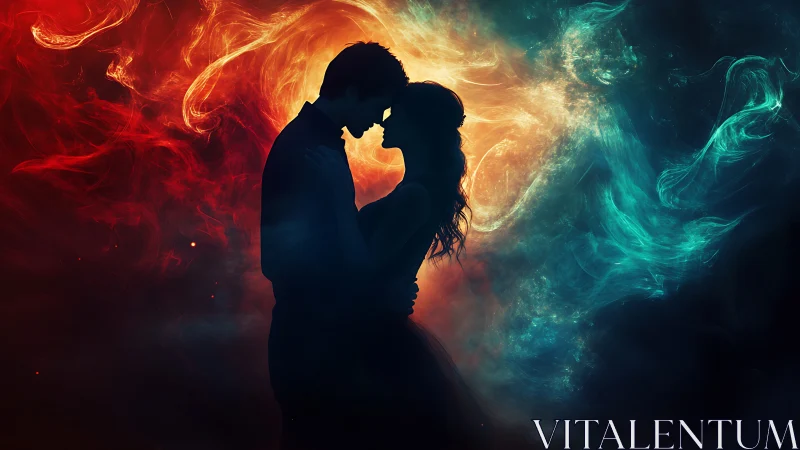 Two souls ignite where crimson fire meets ethereal teal magic