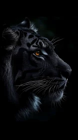 Black tiger profile with glowing amber eye in darkness.