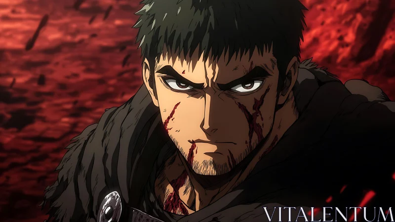 Battle-worn male anime warrior stares forward in profile