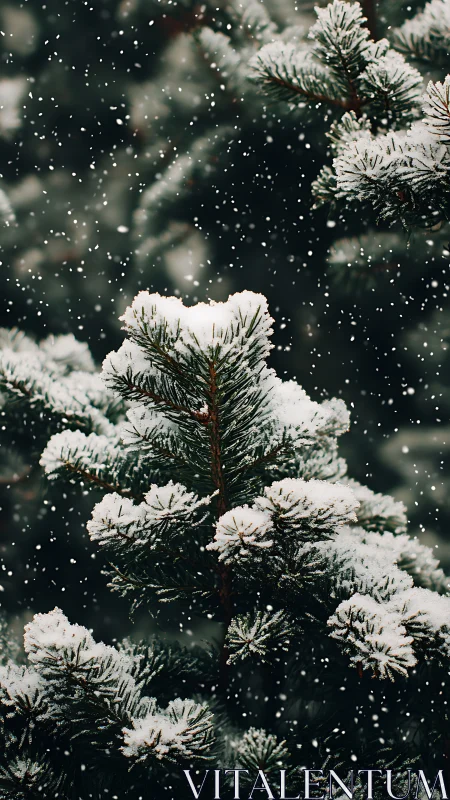 Gentle snow settles softly on peaceful evergreen branches