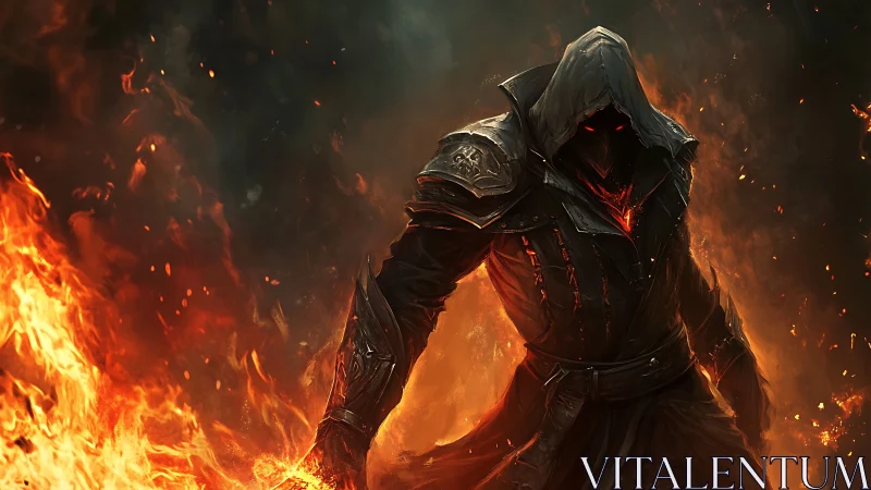 Ember-clad reaper strides through molten twilight flames