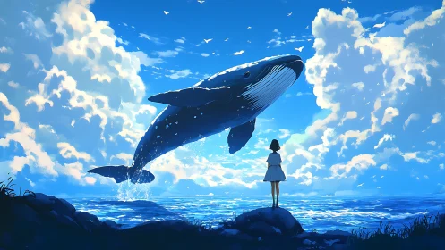 Girl observing breaching whale in luminous digital seascape.