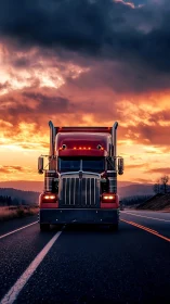 Front-facing semi truck under dynamically lit sunset sky.