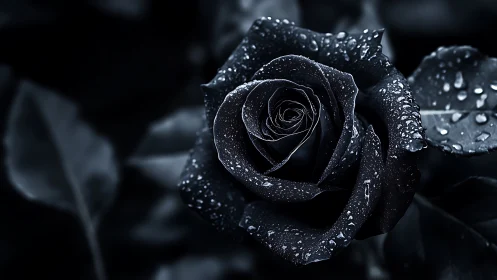 Nocturne rose drenched in moonlit raindrop armor.