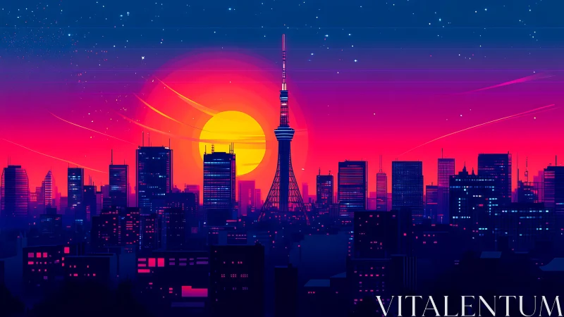 Neon gradient metropolis skyline under oversized vector sun.