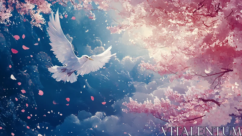 White dove in dynamic mid-flight framed by dense cherry blossoms