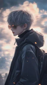 Solitary silver-haired boy walks through a glowing dusk city