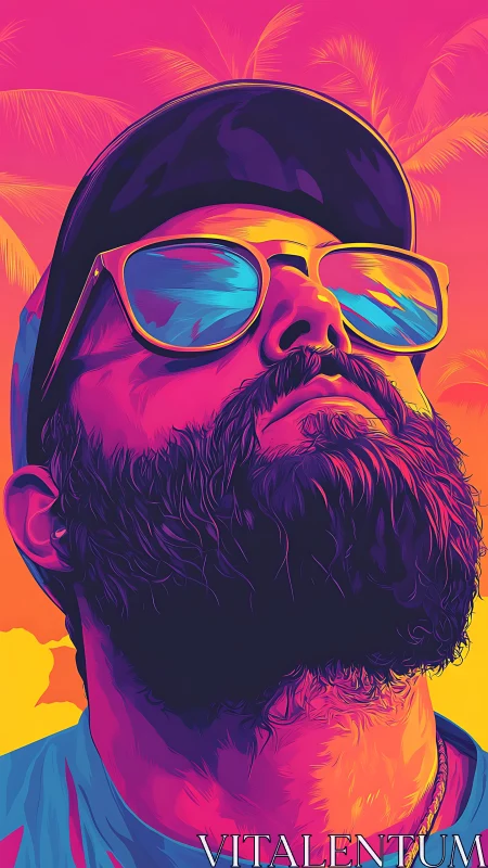 Neon sunset gaze crowns a bearded dreamer in tropic heat.