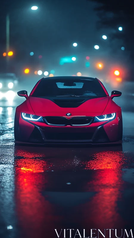 Red sports coupe stands centered on wet city street at night