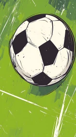 Soccer ball illustration floats over stylized green field