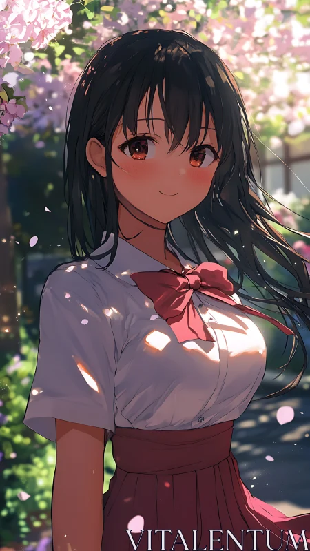 Schoolgirl under cherry blossoms in soft afternoon light.