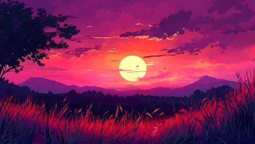 Vibrant red sunset over hills with glowing sun and grass.