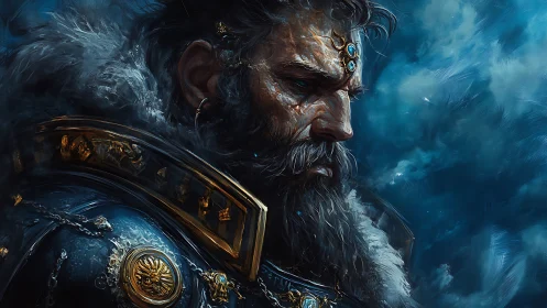 Armored frost king profile with jeweled circlet and sigil armor.