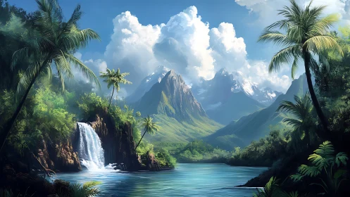 Digital landscape shows tropical waterfall and distant peaks