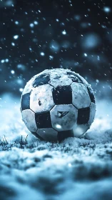 Snow-covered soccer ball rests on frozen grass during snowfall