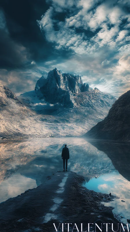Solitary figure confronting mirrored glacial peaks at dusk