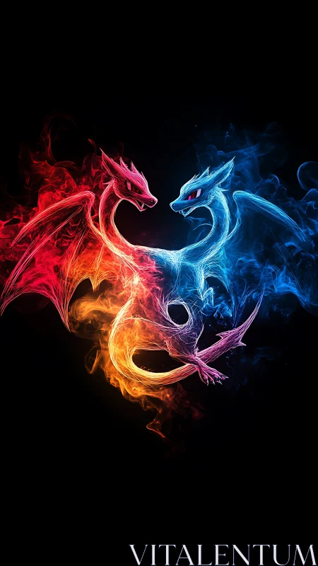 Bilateral fire and ice dragon silhouettes in neon plasma
