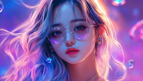 Neon-lit digital portrait girl with glasses and pastel hair.